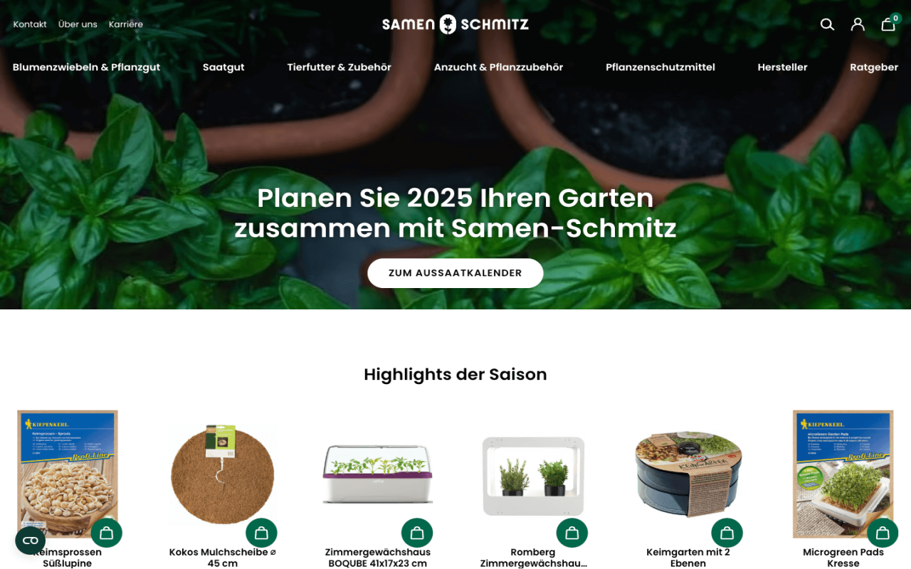 Replatforming auf Shopware 6 - Samen-Schmitz Online Shop - Desktopview