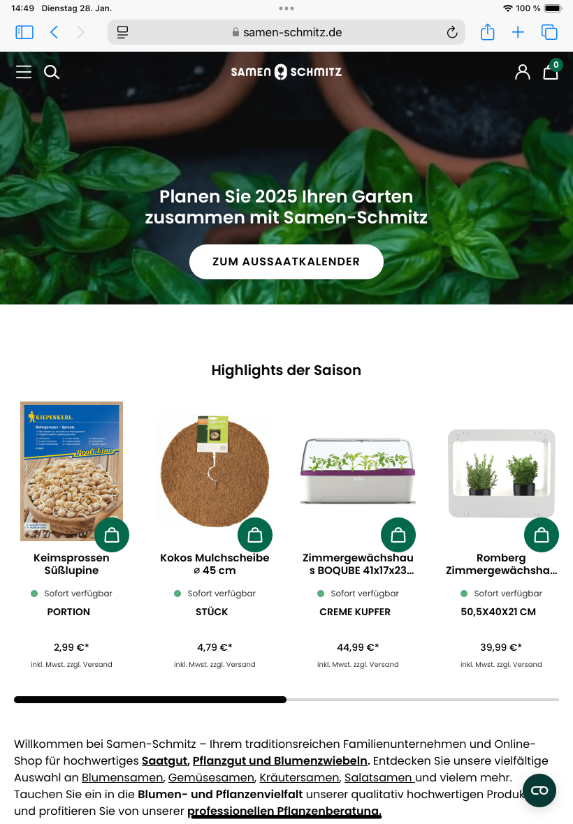 Replatforming auf Shopware 6 - Samen-Schmitz Online Shop - Tabletview